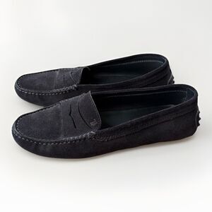 Tods Black Suede Driving Moccasins Loafers Size 38.5 Slip On Comfort Luxury